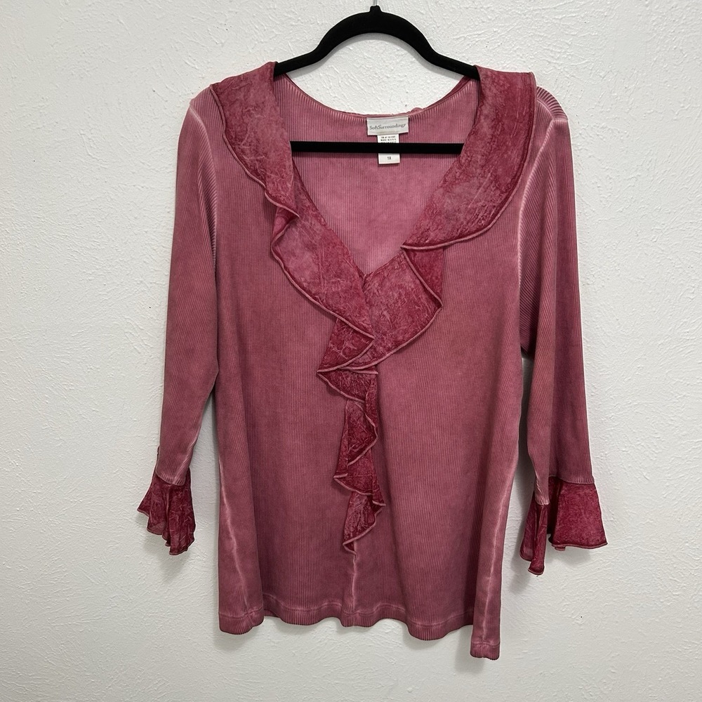 Soft Surroundings Phoebe Charmed Acid Wash V Neck Ruffle Front Blouse Top Sz 1X